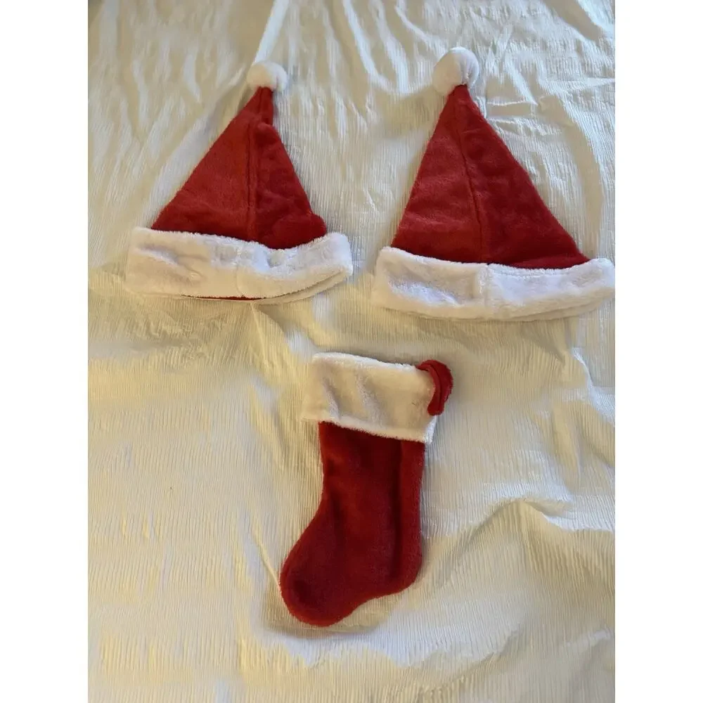 Lot of 2 Christmas Santa Hats Naughty Nice Embroidered Small Stocking Red